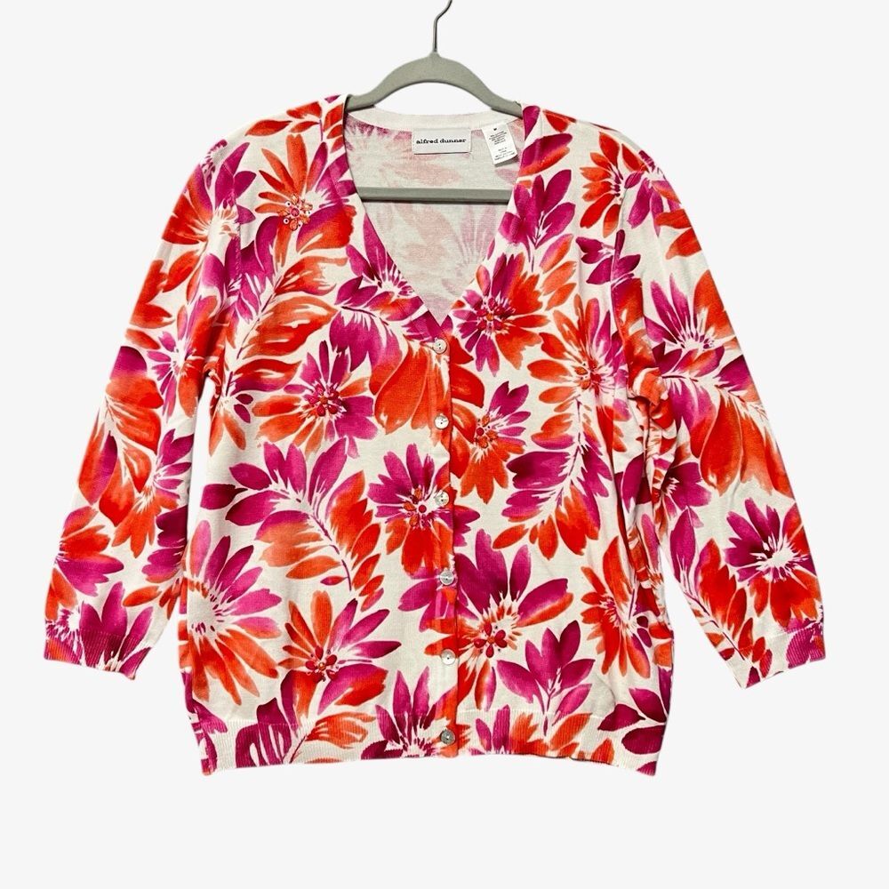 Alfred Dunner Womens Floral 3/4 Sleeve Cardigan Size Medium Pink Orange Jeweled